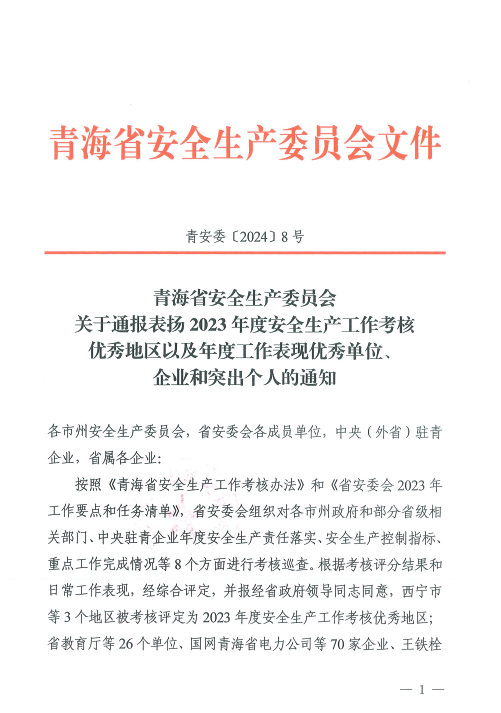 喜報！2023年度安全生產(chǎn)工作優(yōu)秀企業(yè)和突出個人名單揭曉！
