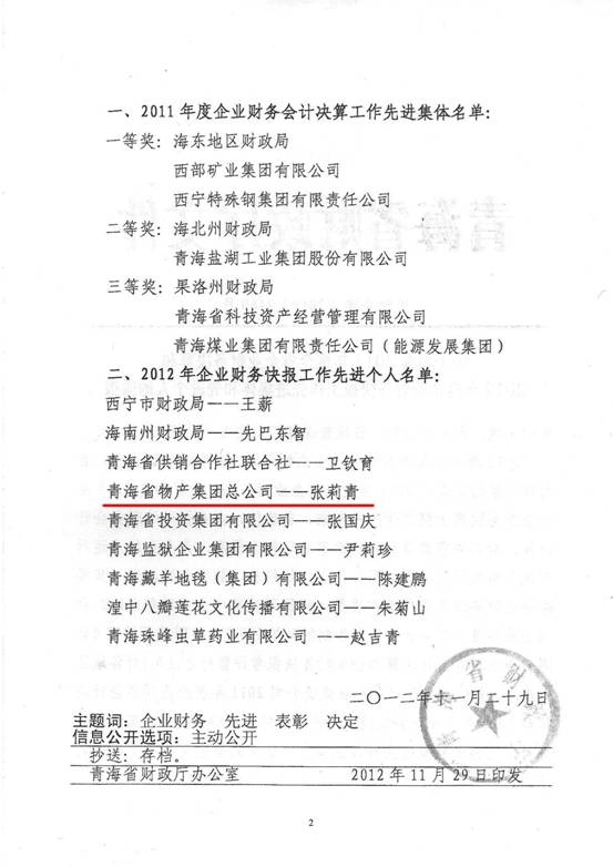 物產(chǎn)集團榮獲2011年度財務(wù)決算先進單位、2012年度財務(wù)快報工作先進個人表彰